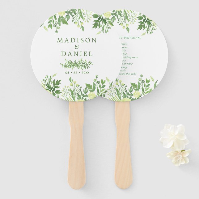 Leque Programa de Casamento Floral Jardim Verde Aquarela (Frente e Verso)