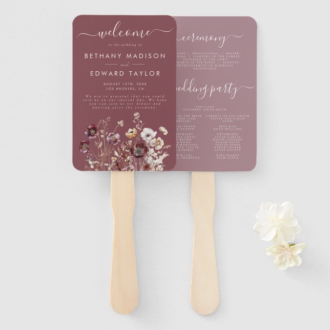 Leque Programa de Casamento Floral Malva Outono (Frente e Verso)