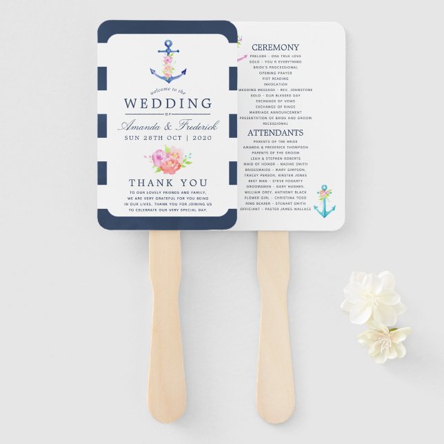 Leque Programa de Casamento Floral Náutico em Aquarela (Frente e Verso)