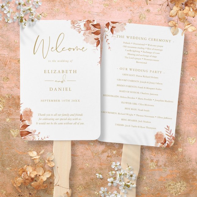 Leque Programa de Casamento Floral Outono Dourado (Gold Autumn Fall Floral Wedding Program Hand Fan)