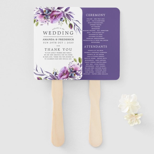 Leque Programa de Casamento Floral Papoula Violeta Aquar (Frente e Verso)