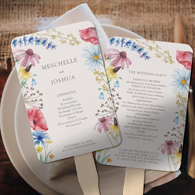 Leque Programa de Casamento Floral para o País de Charme (Program Fans with wildflower border and editable information on the front and back)