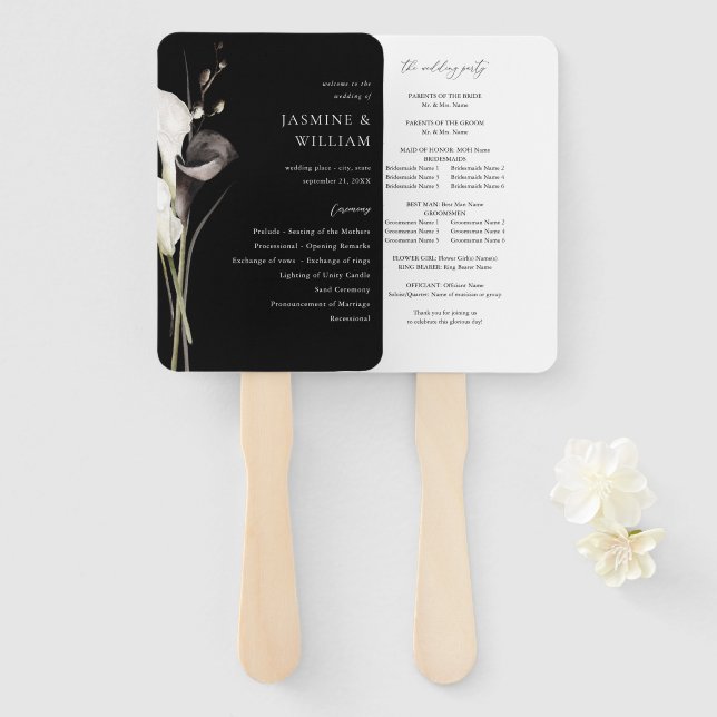 Leque Programa de Casamento Floral Preto e Branco (Frente e Verso)