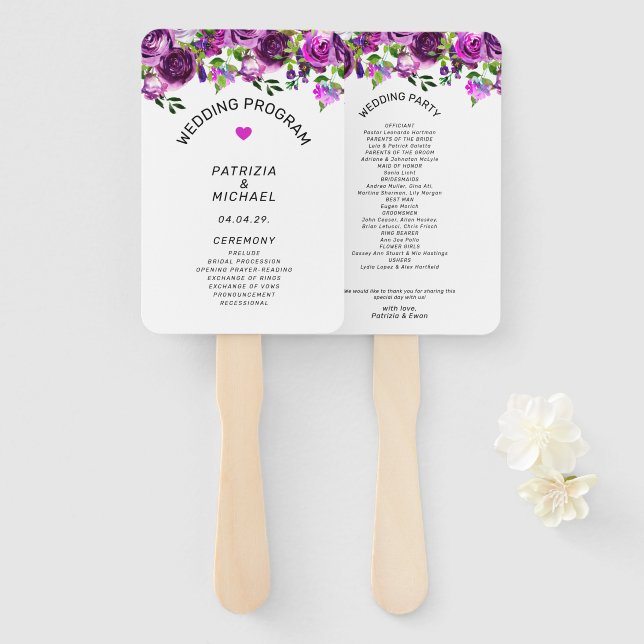 Leque Programa de Casamento Floral Rosa Aquarela Românti (Frente e Verso)
