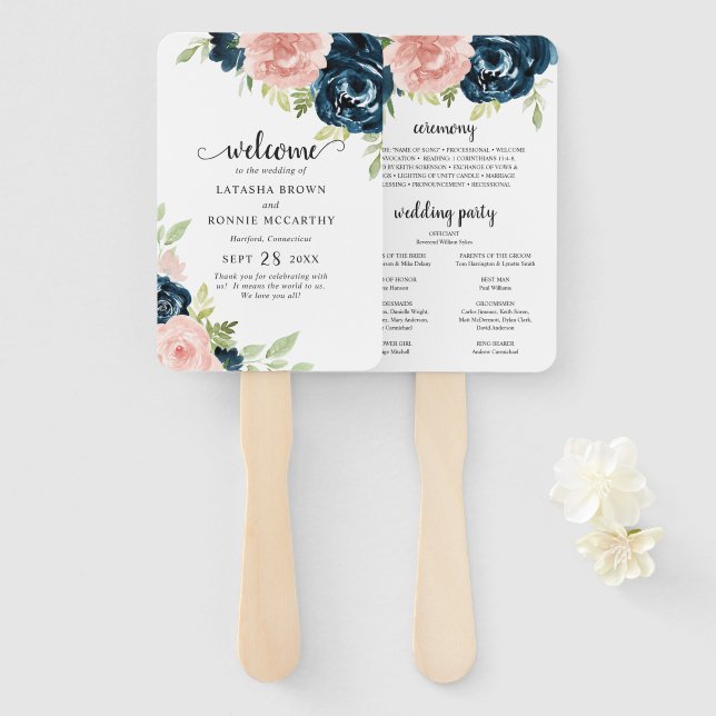 Leque Programa de Casamento Floral Rosa Bege e Azul Mari (Frente e Verso)