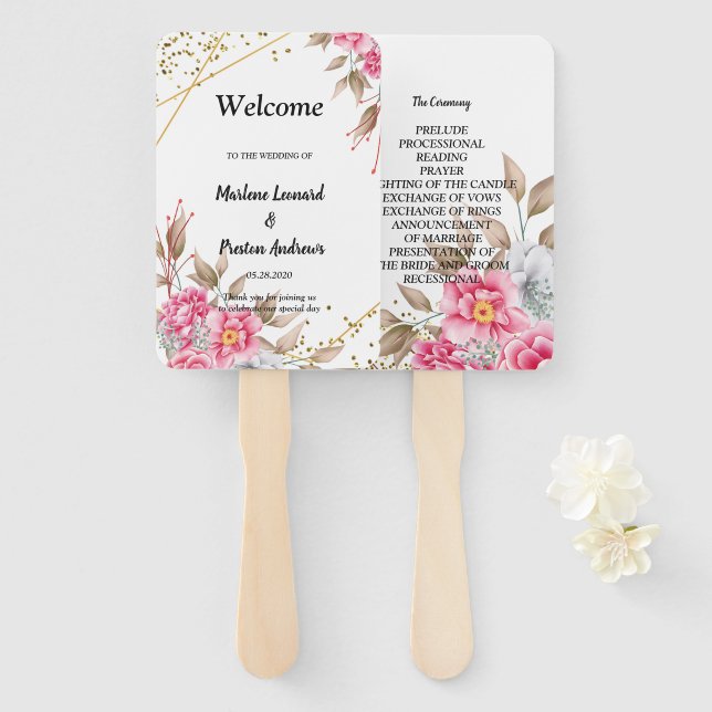 Leque Programa de Casamento Floral Rosa com Moldura Dour (Frente e Verso)