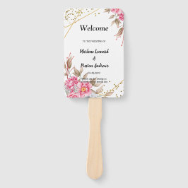 Leque Programa de Casamento Floral Rosa com Moldura Dour