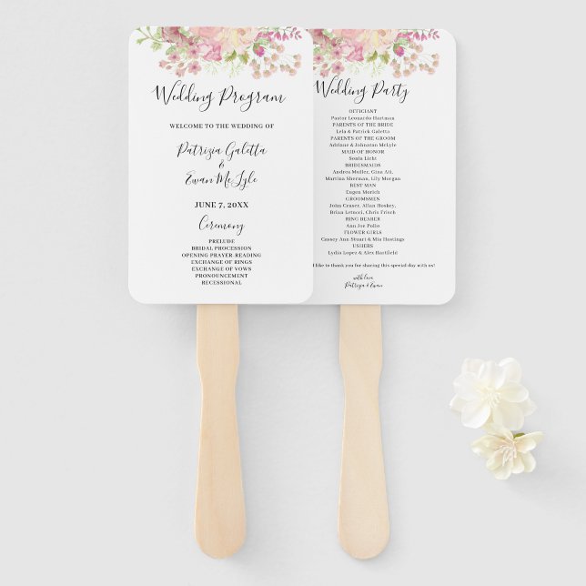 Leque Programa de Casamento Floral Rosa Conjunto de Vent (Frente e Verso)