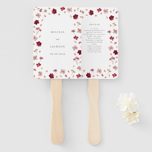 Leque Programa de casamento floral rosa e creme vermelho (Frente e Verso)