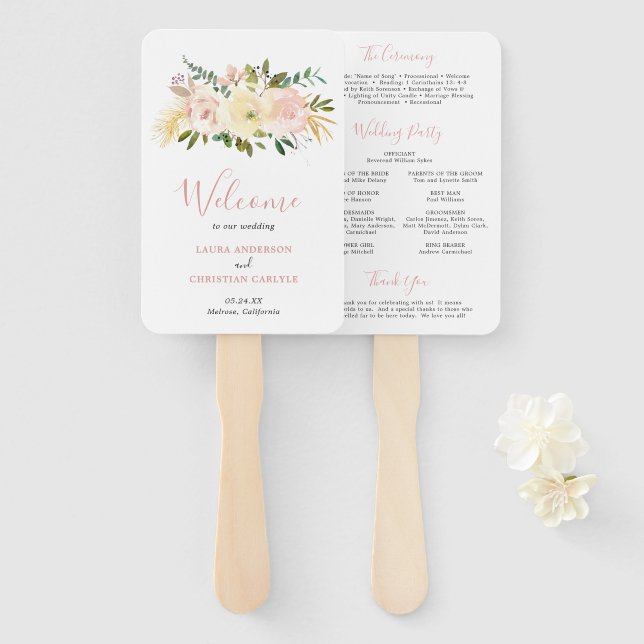Leque Programa de Casamento Floral Rosa Elegante (Frente e Verso)