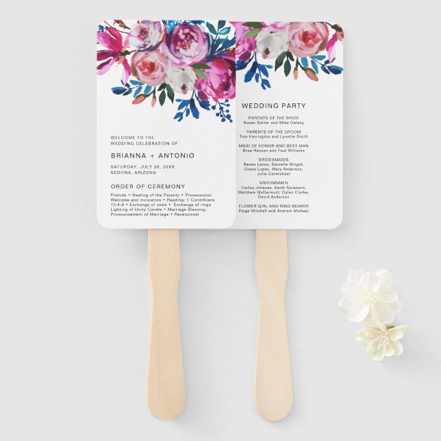 Leque Programa de Casamento Floral Rosa Moderno e Elegan (Frente e Verso)