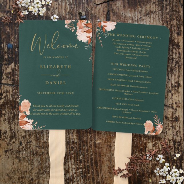 Leque Programa de Casamento Floral Rústico Esmeralda e D (Emerald And Gold Rustic Floral Wedding Program Hand Fan)