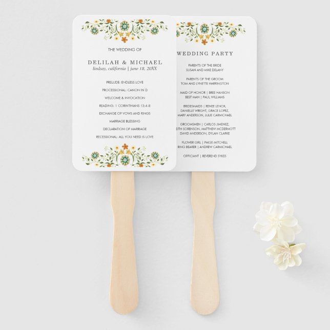 Leque Programa de Casamento Floral Simples e Elegante (Frente e Verso)