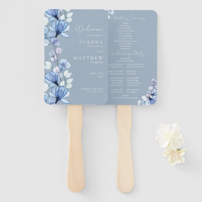 Leque Programa de Casamento Floral Transparente Azul Emp (Frente e Verso)