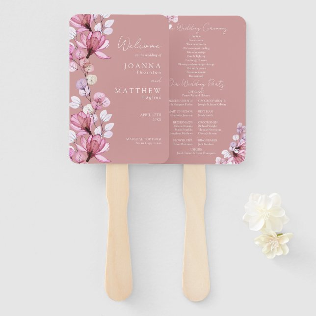 Leque Programa de Casamento Floral Transparente Rosa Pó (Frente e Verso)