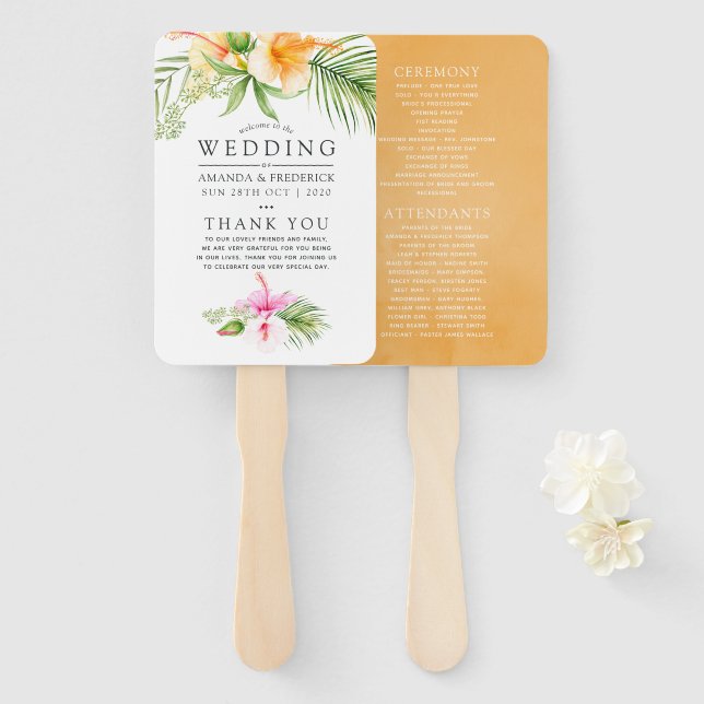 Leque Programa de Casamento Floral Tropical em Aquarela  (Frente e Verso)