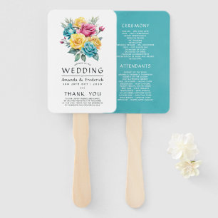 Leque Programa de Casamento Floral Turquesa, Amarelo e R