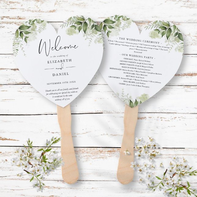 Leque Programa de Casamento Floral Verde Elegante Coraçã (Elegant Greenery Floral Wedding Program Heart Hand Fan)