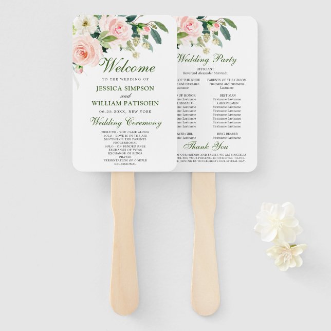 Leque Programa de Casamento Floral Verde para Flores Ros (Frente e Verso)