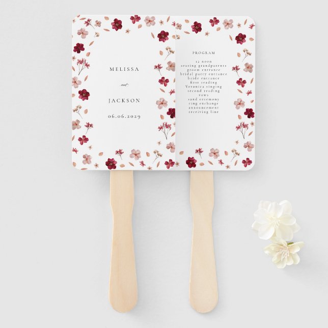 Leque Programa de casamento floral Vermelho Rosa e Creme (Frente e Verso)