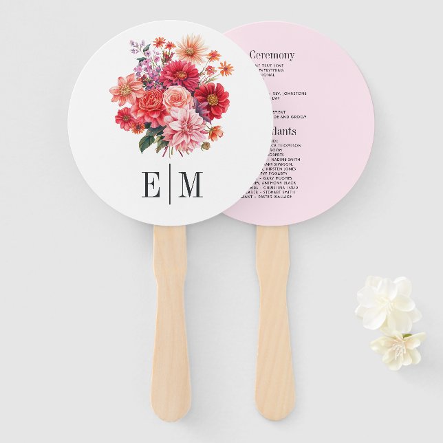 Leque Programa de Casamento Floral Vibrante (Frente e Verso)