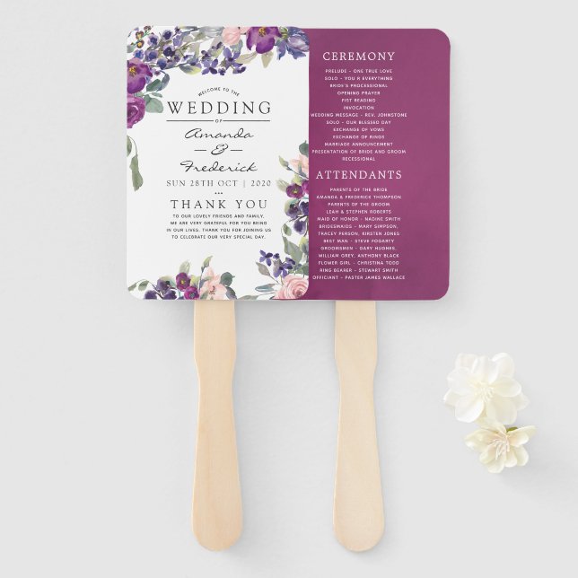 Leque Programa de Casamento Floral Violet and Plum (Frente e Verso)