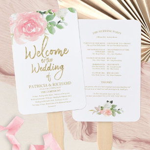 Leque Programa de Casamento Flores Rosas Bege Dourado