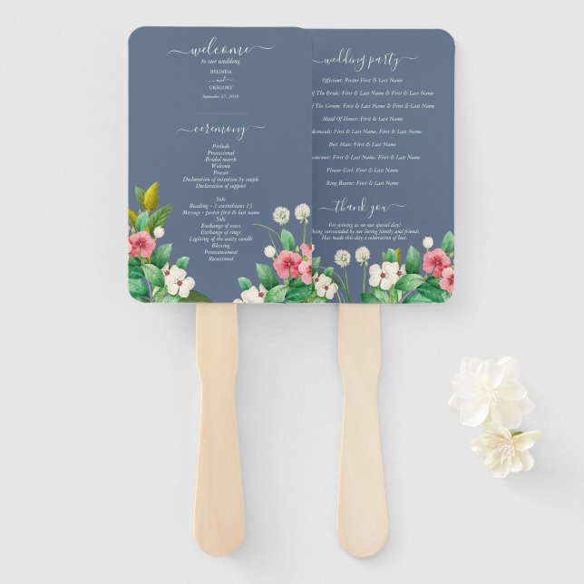 Leque Programa de Casamento Flores Silvestres Periwinkle (Frente e Verso)