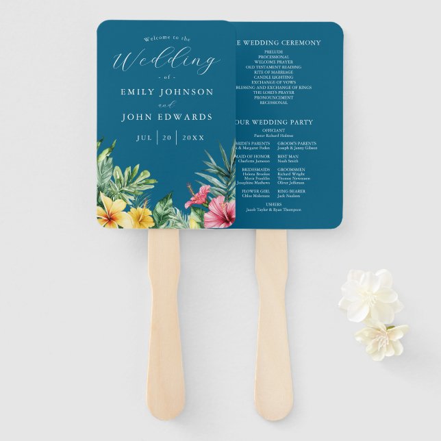 Leque Programa de Casamento Flores Tropicais Azul Oceano (Frente e Verso)