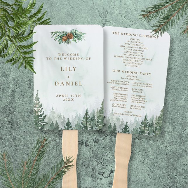 Leque Programa de Casamento Floresta de Pinheiros Aquare (Rustic Watercolor Pine Forest Wedding Program Hand Fan)