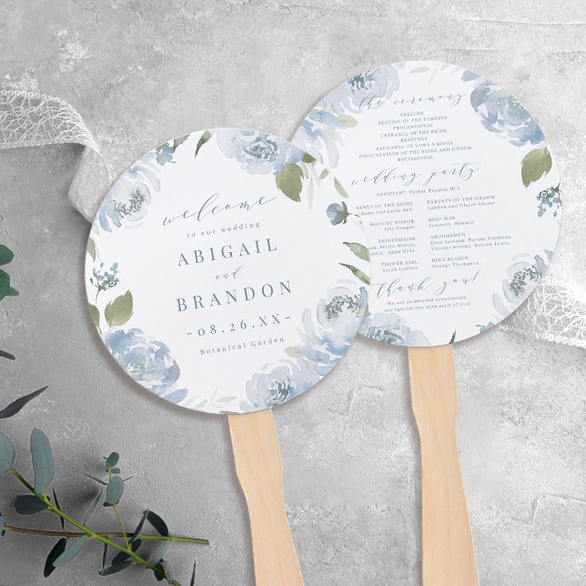 Leque Programa de Casamento Florestal Azul empoeirado do (Romantic garden dusty blue floral wedding Program Hand Fan)