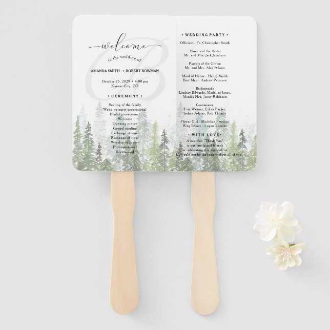 Leque Programa de Casamento Florestal de Pine Woods de W (Frente e Verso)