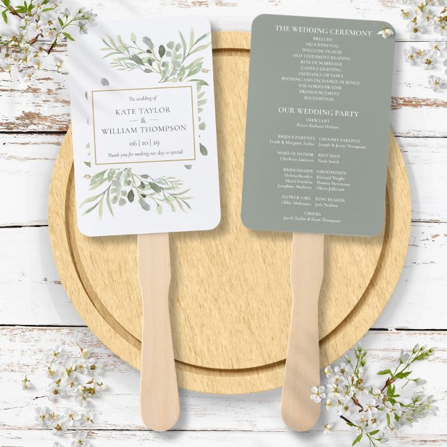 Leque Programa de Casamento Folhas de Verdura em Aquarel (Watercolor Greenery Leaves Wedding Program Hand Fan)