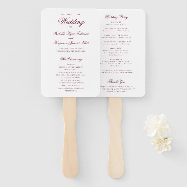 Leque Programa de Casamento Formal da Borgonha Tradicion (Frente e Verso)