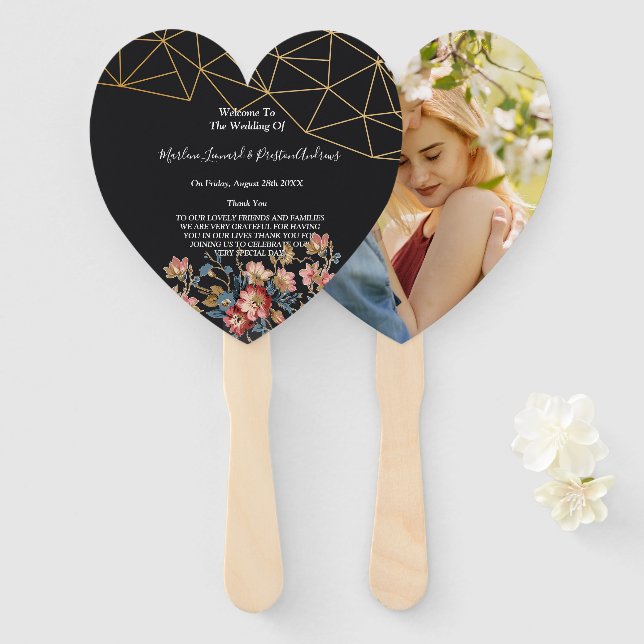 Leque Programa de Casamento Geométrico Dourado (Frente e Verso)