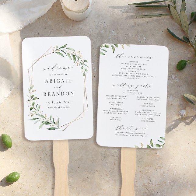 Leque Programa de Casamento Geométrico Russo Dourado Gre (Greenery Gold Geometric Rustic Wedding Program Hand Fan)