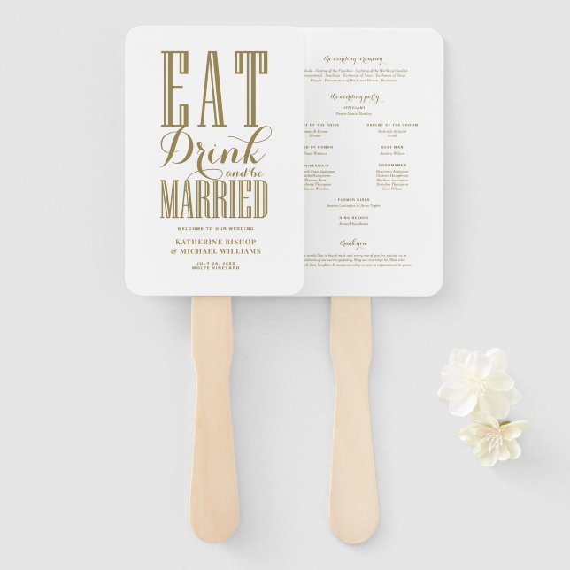 Leque Programa de Casamento Gold Eat Drink and Be Marrie (Frente e Verso)