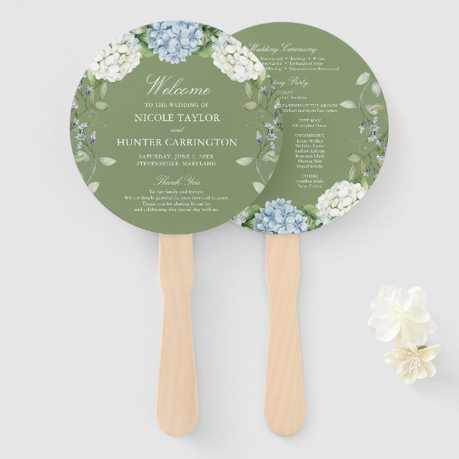 Leque Programa de Casamento Hortênsia Azul e Verde Salvi (Frente e Verso)