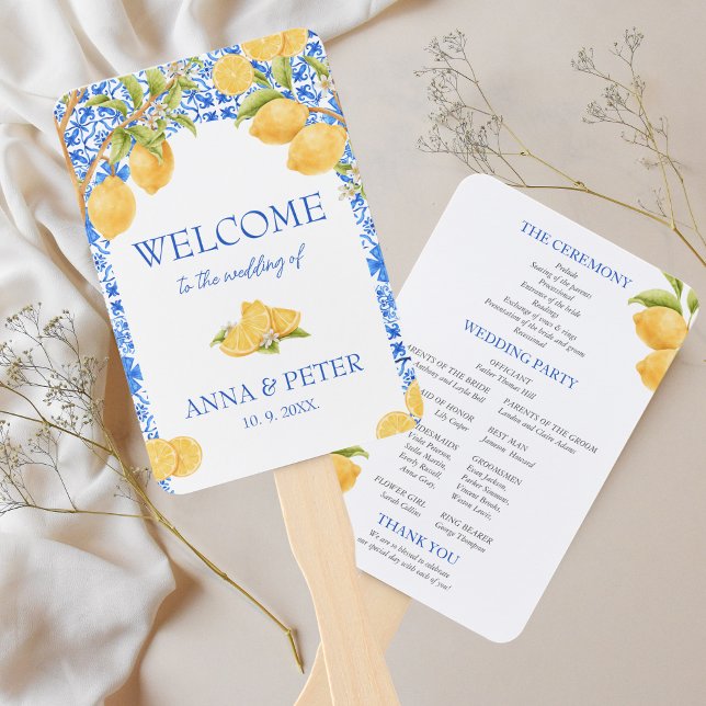 Leque Programa de Casamento Itália para Azulejos do Medi (Wedding Program Lemon Mediterranean Tiles Hand Fan )