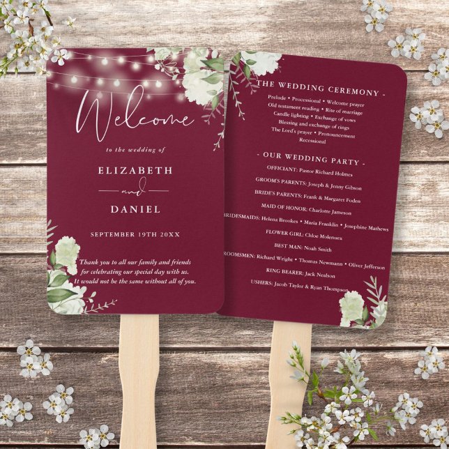 Leque Programa de Casamento Luzes de Corda Floral Borgon (Burgundy Floral String Lights Wedding Program Hand Fan)