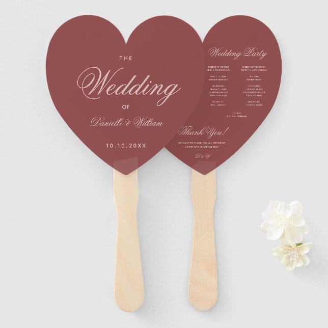 Leque Programa de Casamento Marsala Heart Elegante Calig (Frente e Verso)