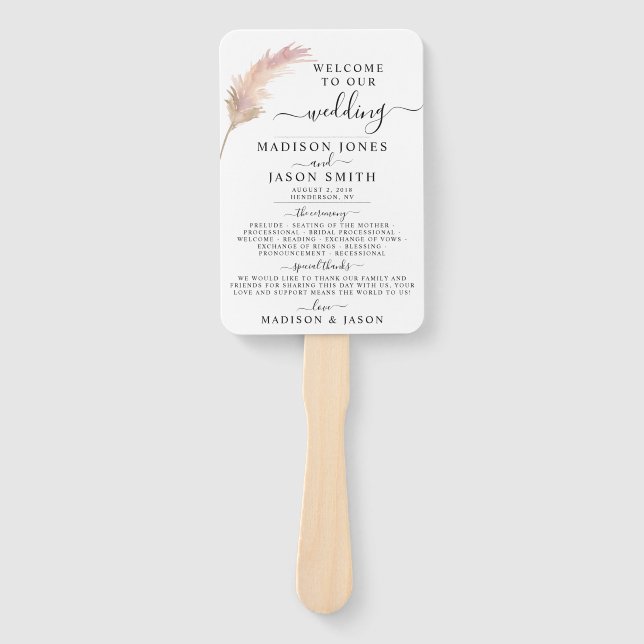 Leque Programa de Casamento Minimalista do Blush Pampas  (Frente)