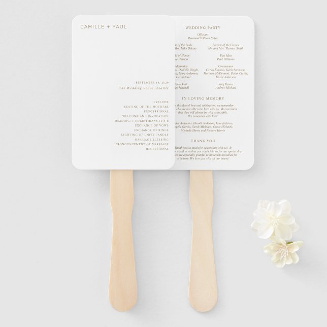 Leque Programa de Casamento Minimalista Dourado Elegante (Frente e Verso)