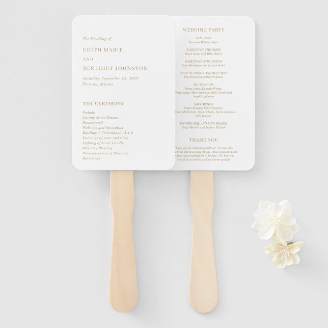 Leque Programa de Casamento Minimalista Dourado Moderno (Frente e Verso)