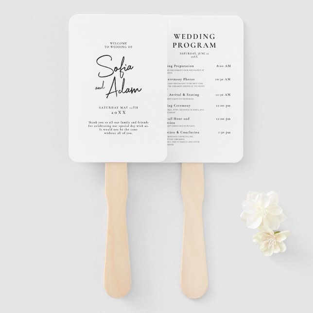 Leque Programa de Casamento Minimalista Elegante Branco (Frente e Verso)