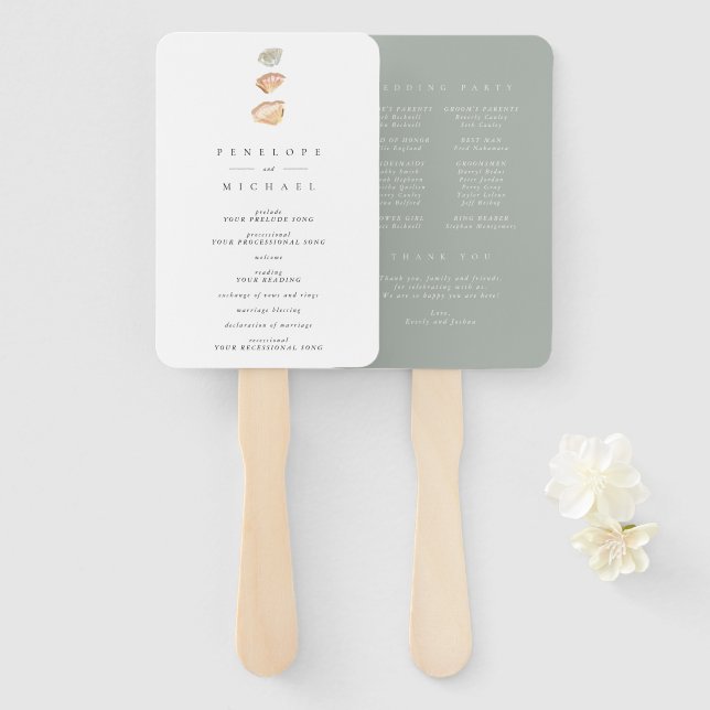 Leque Programa de Casamento Minimalista Praia Conchas Aq (Frente e Verso)