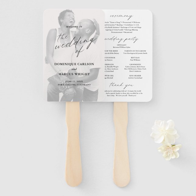 Leque Programa de Casamento Moderno com Caligrafia Elega (Frente e Verso)