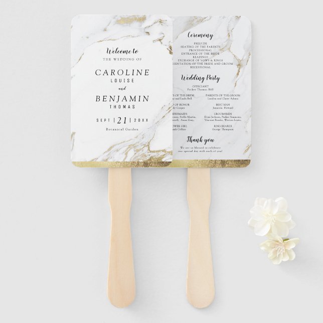 Leque Programa de casamento moderno de luxo de ouro puro (Frente e Verso)
