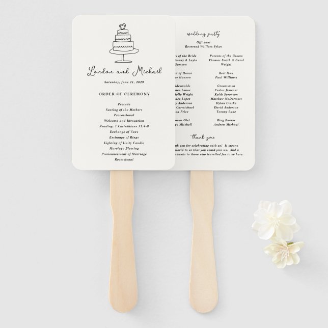 Leque Programa de Casamento Moderno Desenho à Mão de Bol (Frente e Verso)