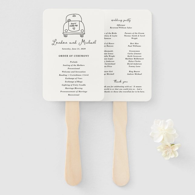 Leque Programa de Casamento Moderno Desenho à Mão de Car (Frente e Verso)